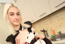 Skinny Blondie Mia Cheers In Maid Costume For Kitchen Sex